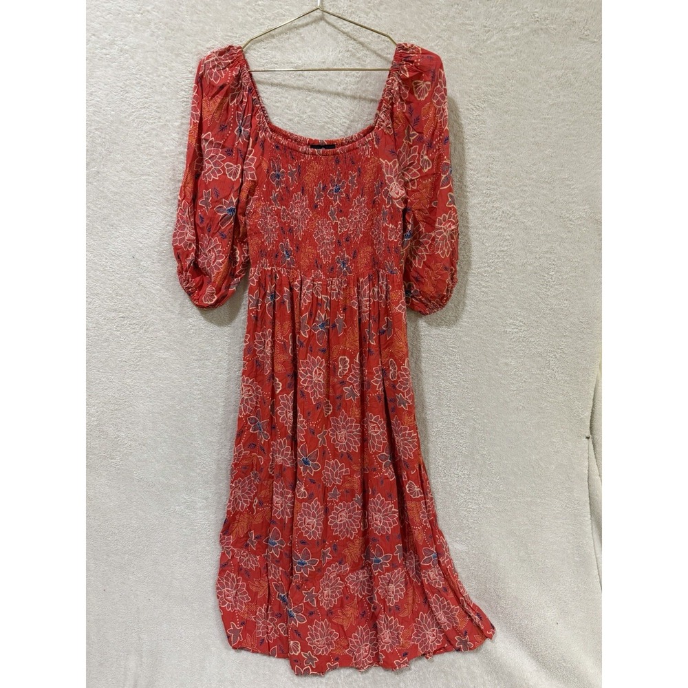 Angie Women's Midi Maxi Boho Smocked Peasant Puff Sleeves Floral Med Dress Red